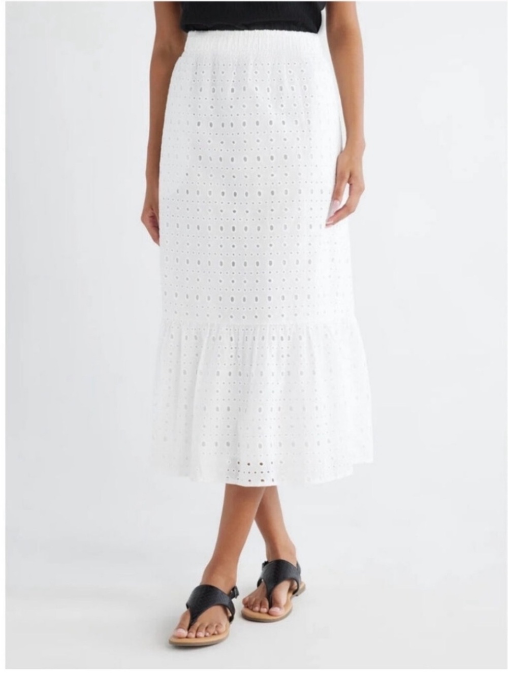 Time and Tru White Eyelet Ruffle Midi Skirt